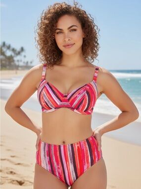 Freya Bali Bay High Waist Bikini Set Striped Halter Size Medium